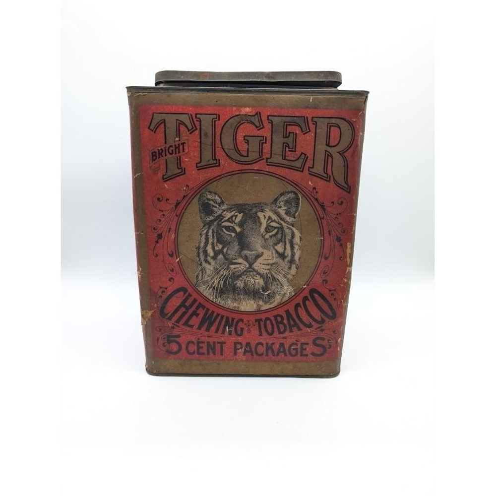 Antique Large Bright Tiger Chewing Tobacco Advertising Tin Store‎ Display Box